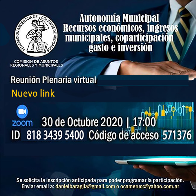 Nuevo link. Autonomía Municipal. Rec. económicos, ingresos municipales, coparticipación: 30/X, 17:00