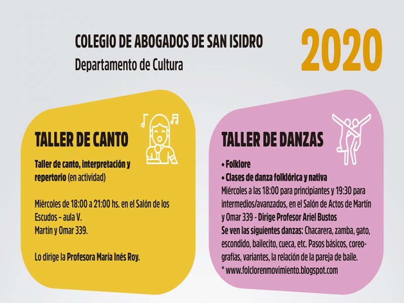 Días y horarios de los Talleres de Cultura  2020